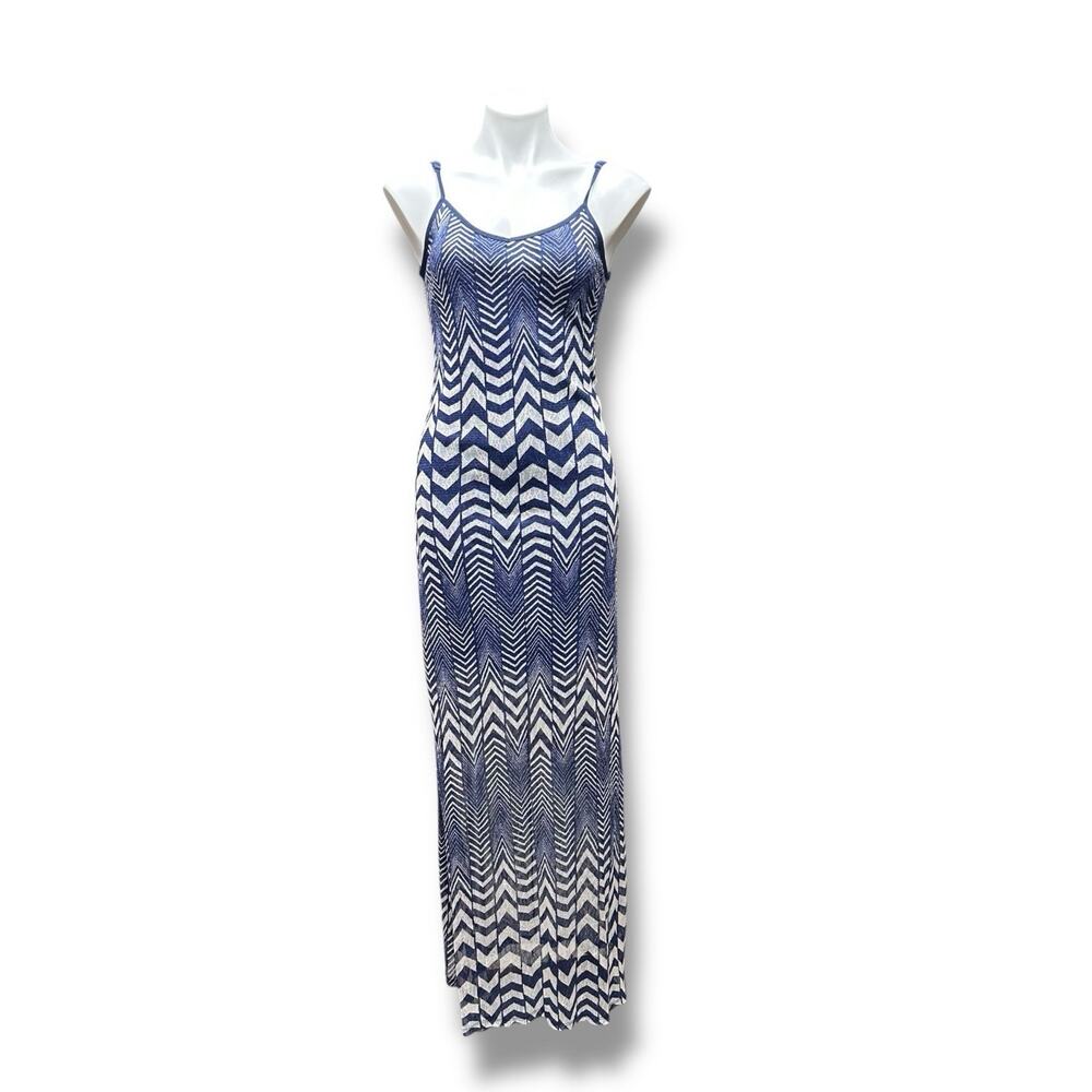 Chevron Maxi Dress Zigzag Pattern Bodycon Navy Blue Tan Slits Slip Lined L Y2K